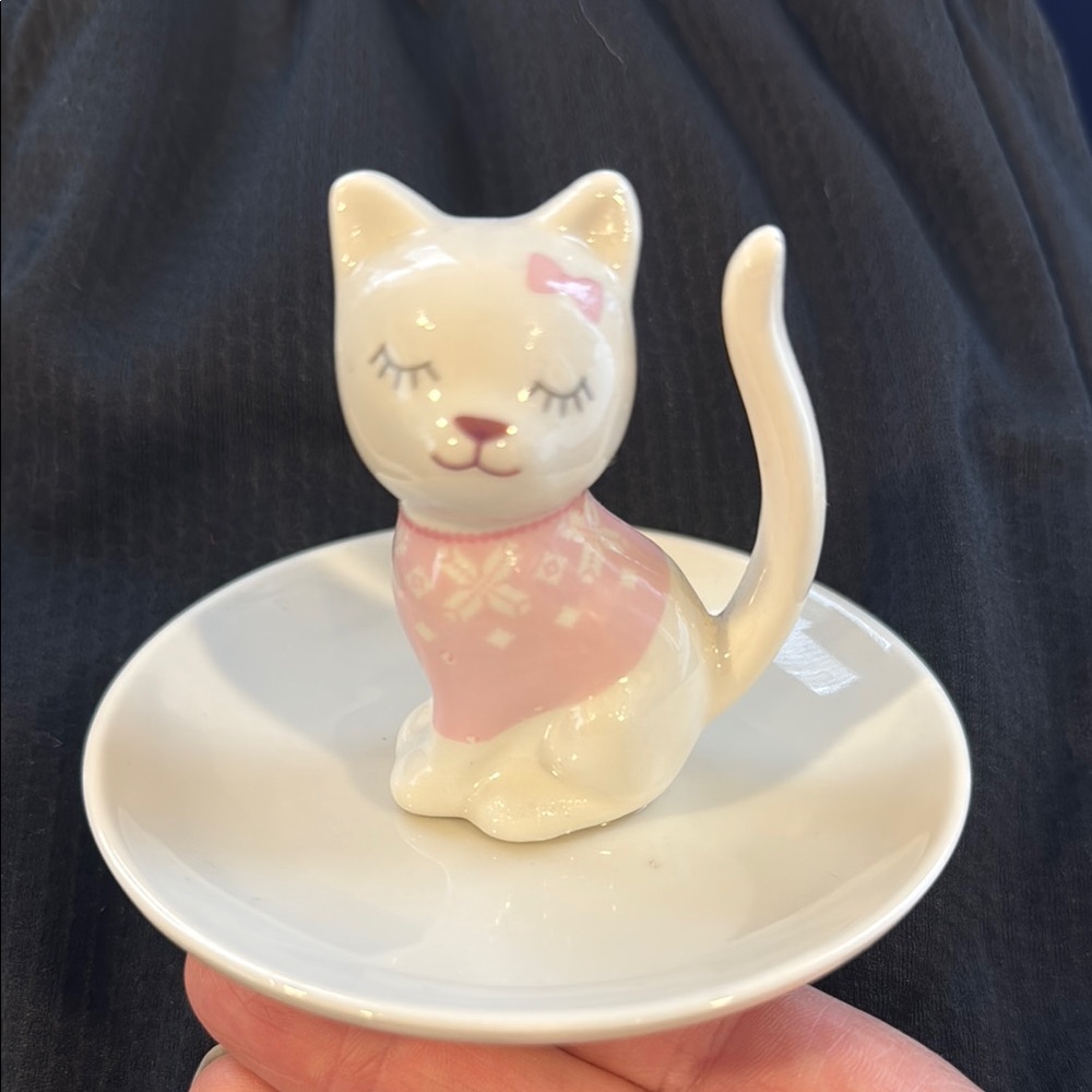 Ceramic Cat Trinket Dish - Pink and White